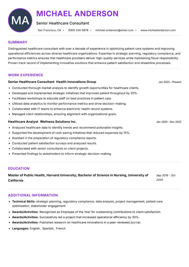 Healthcare Consultant resume example — ATS-friendly template