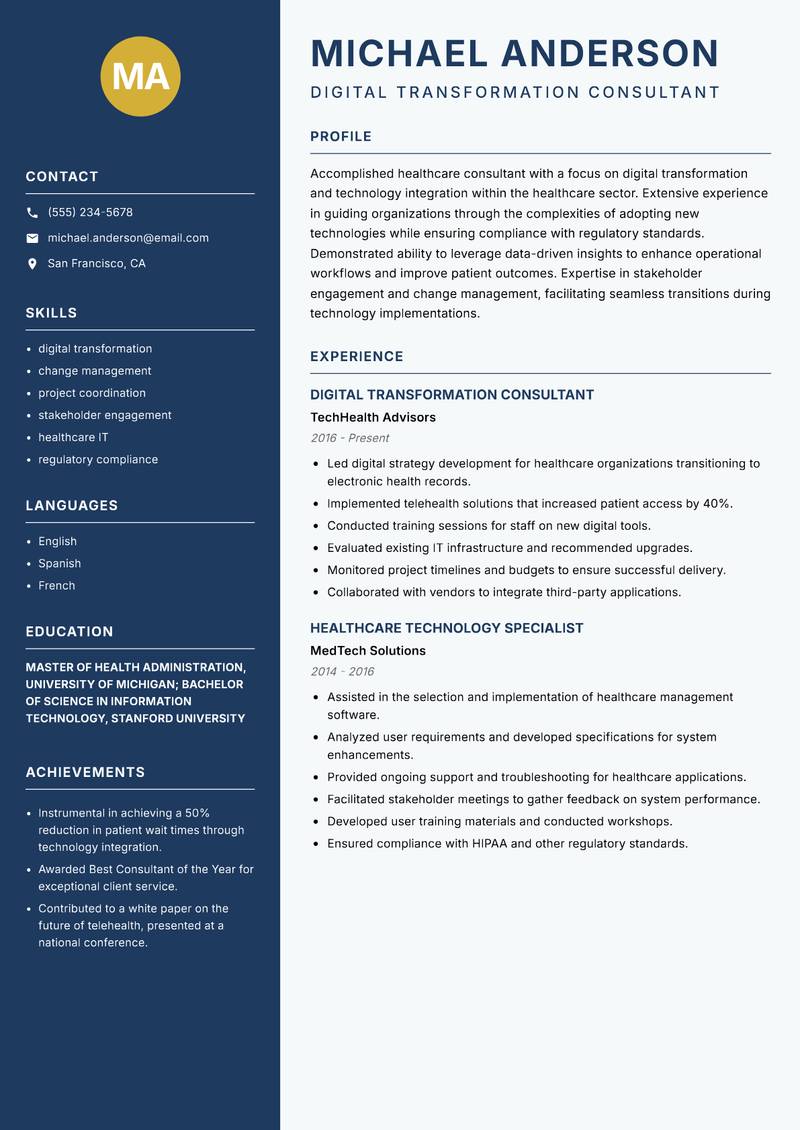 Healthcare Consultant resume template — Classic Clean
