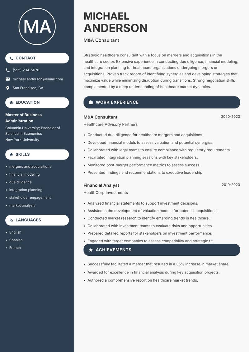 Healthcare Consultant resume template — Compact