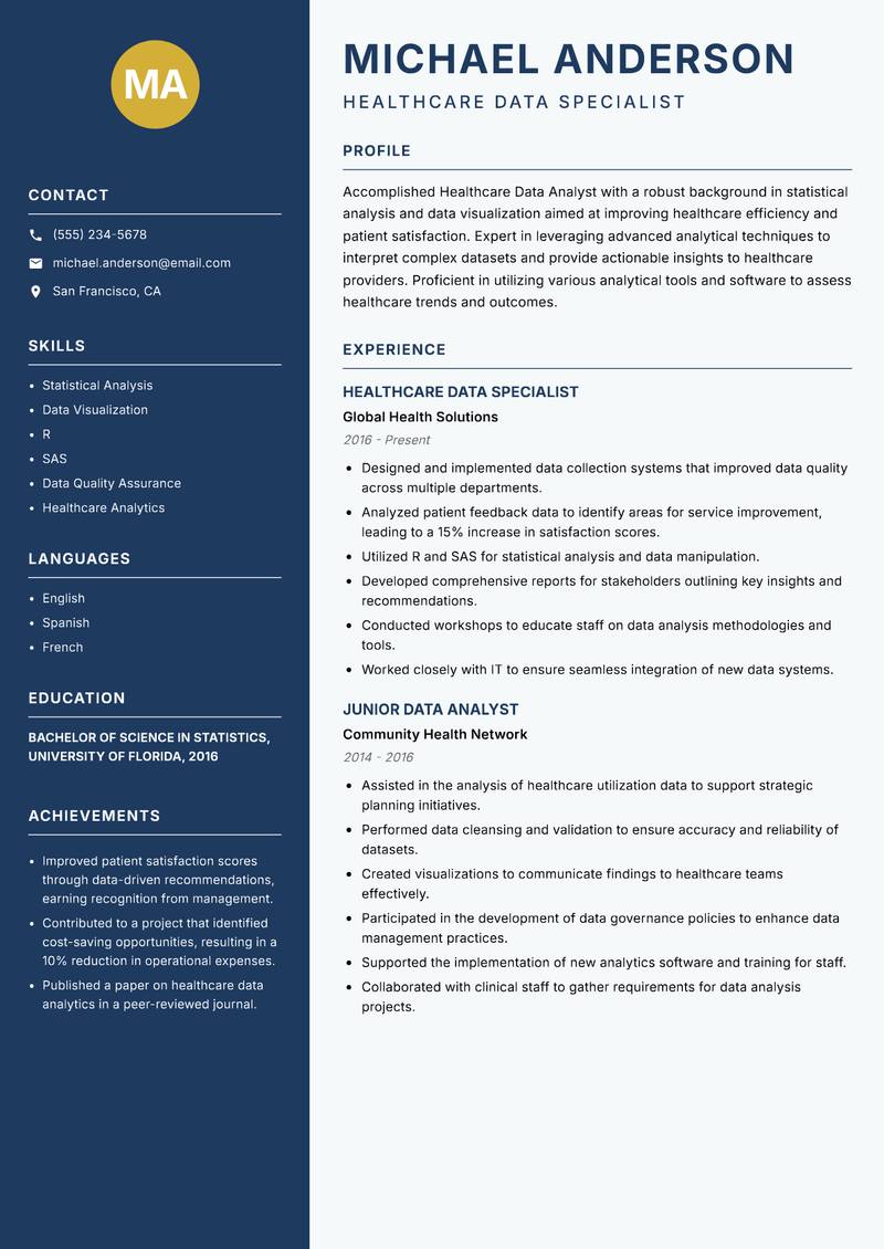Healthcare Data Analyst resume template — Classic Clean