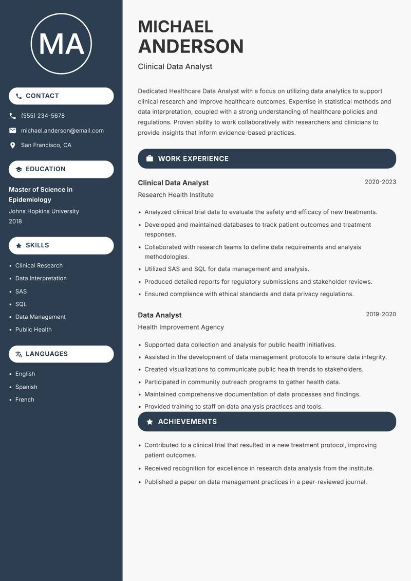 Healthcare Data Analyst resume template — Compact