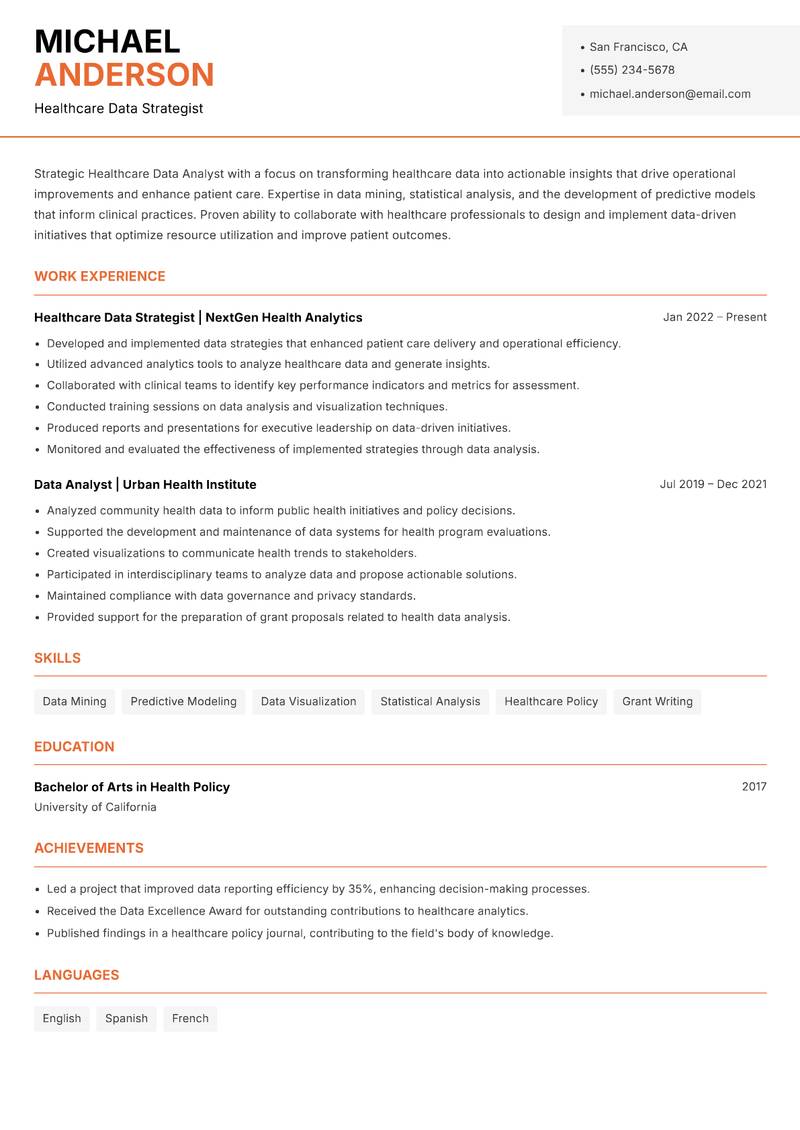 Healthcare Data Analyst resume template — Modern Professional