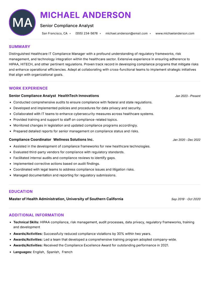 Healthcare IT Compliance Manager resume example — ATS-friendly template