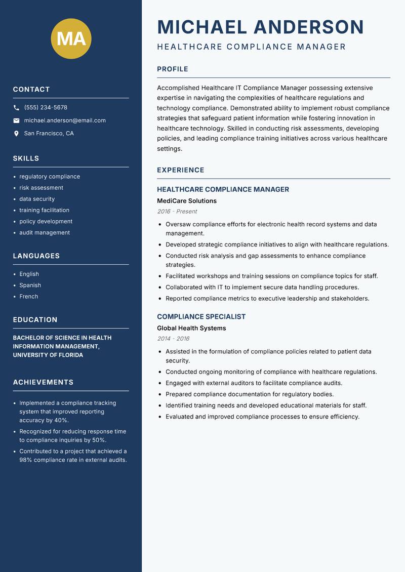 Healthcare IT Compliance Manager resume template — Classic Clean