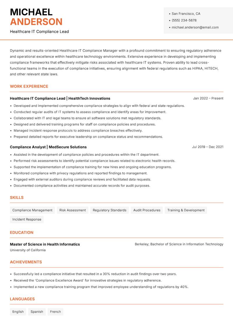 Healthcare IT Compliance Manager resume template — Modern Professional