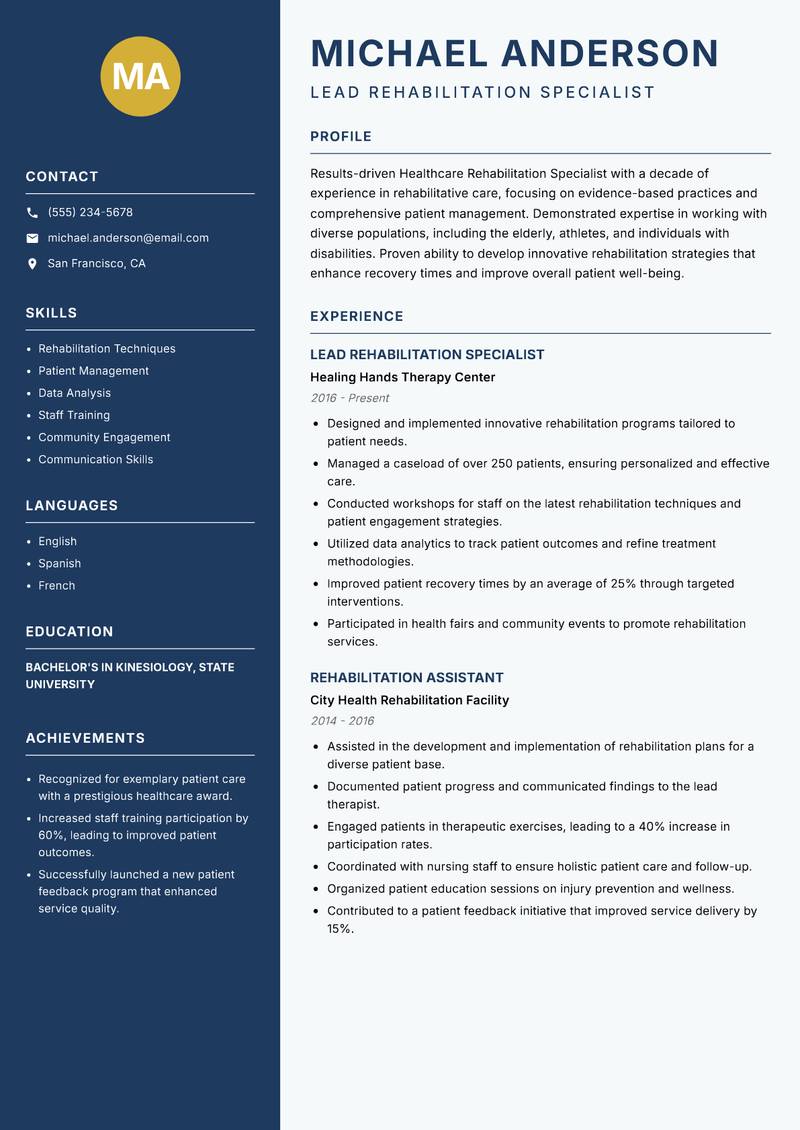 Healthcare Rehabilitation Specialist resume template — Classic Clean