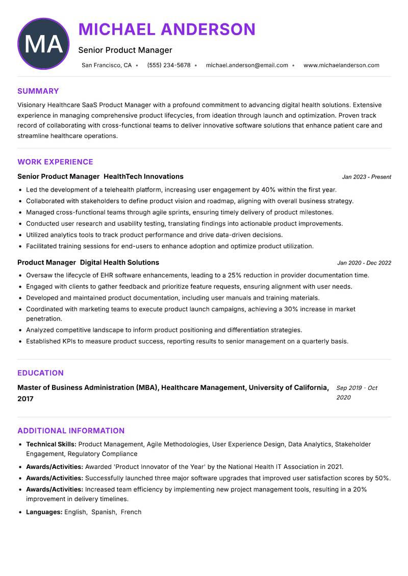 Healthcare SaaS Product Manager resume example — ATS-friendly template