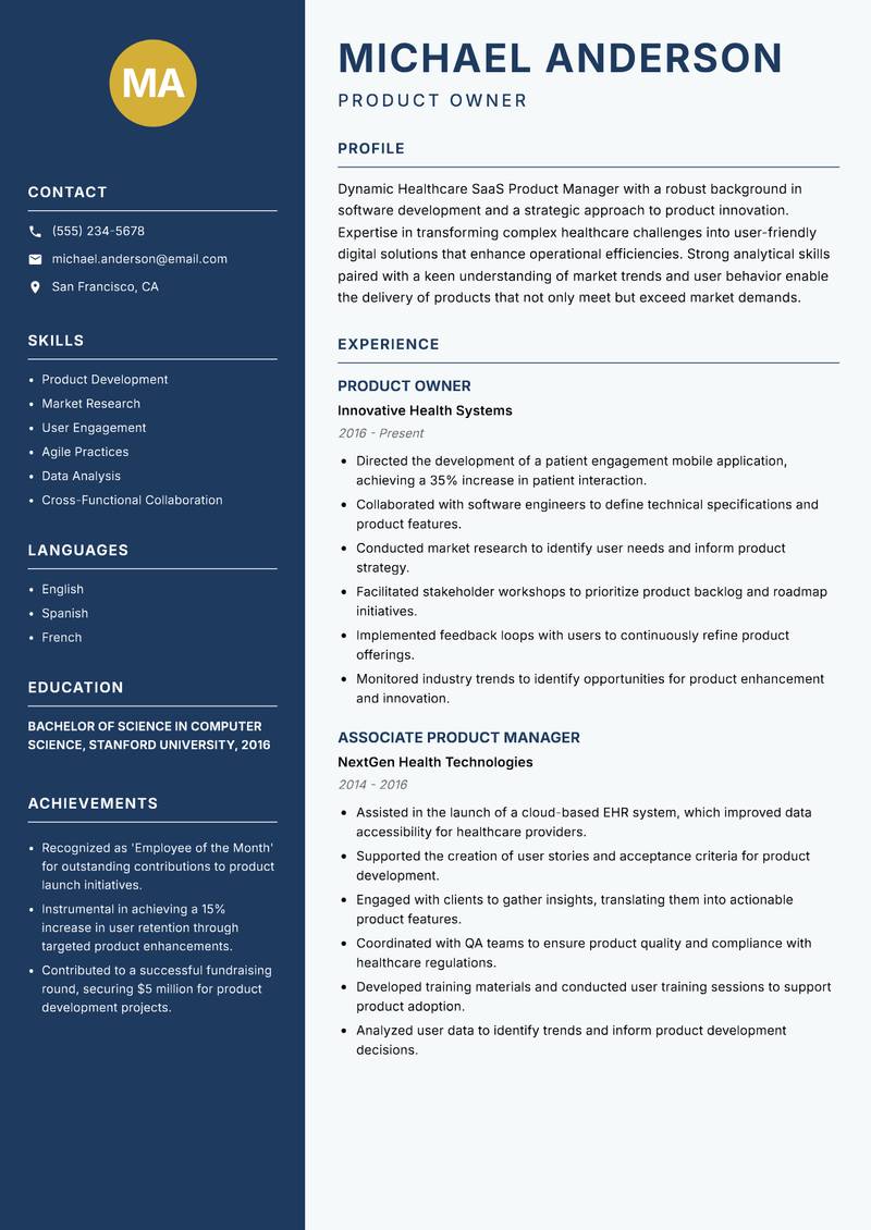 Healthcare SaaS Product Manager resume template — Classic Clean