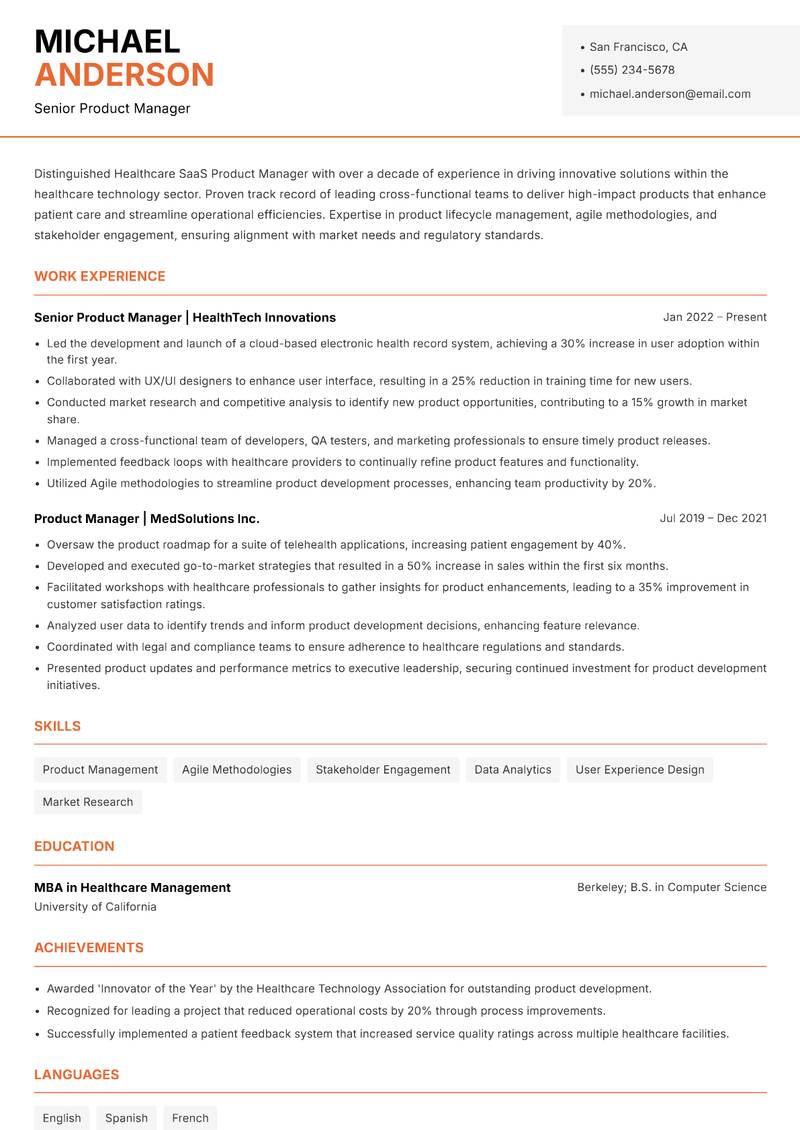 Healthcare SaaS Product Manager resume template — Modern Professional