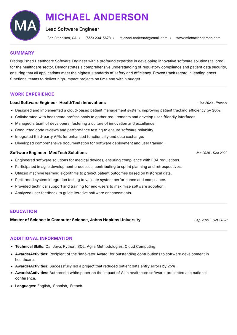Healthcare Software Engineer resume example — ATS-friendly template