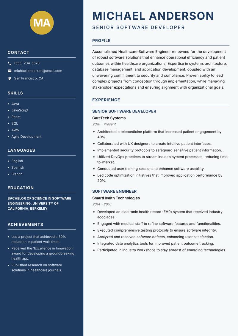 Healthcare Software Engineer resume template — Classic Clean