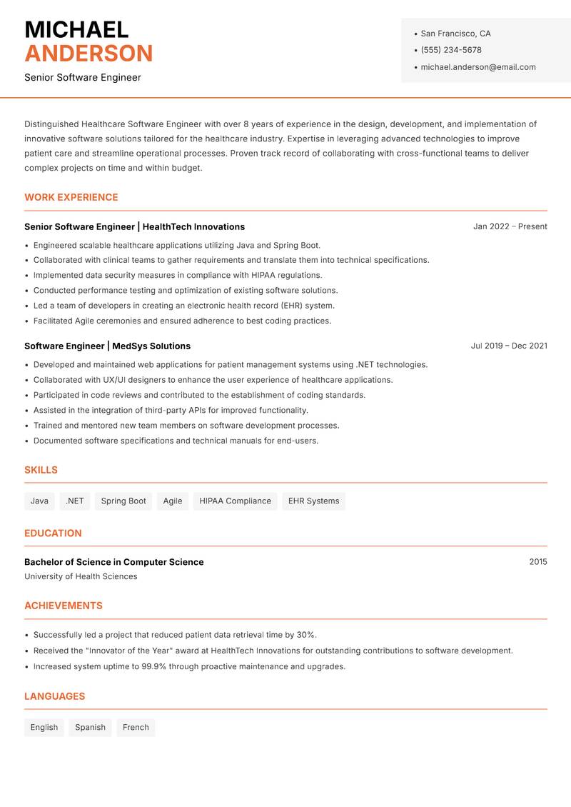 Healthcare Software Engineer resume template — Modern Professional