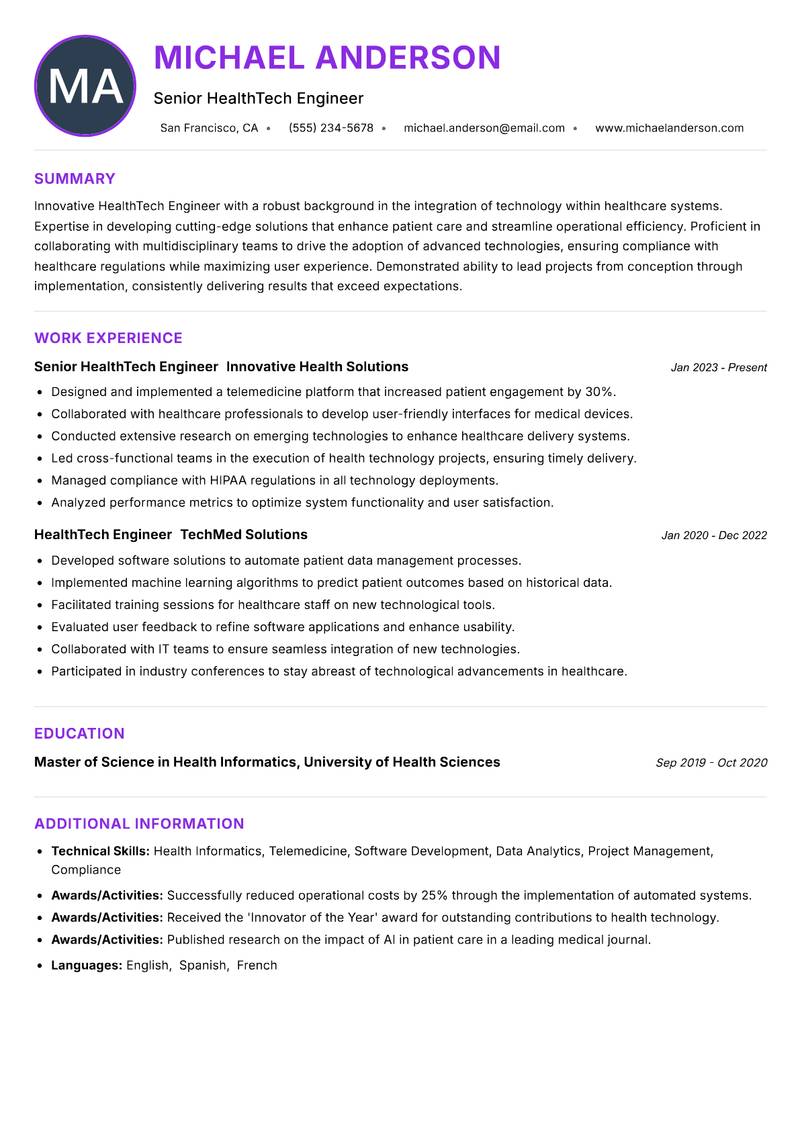 HealthTech Engineer resume example — ATS-friendly template