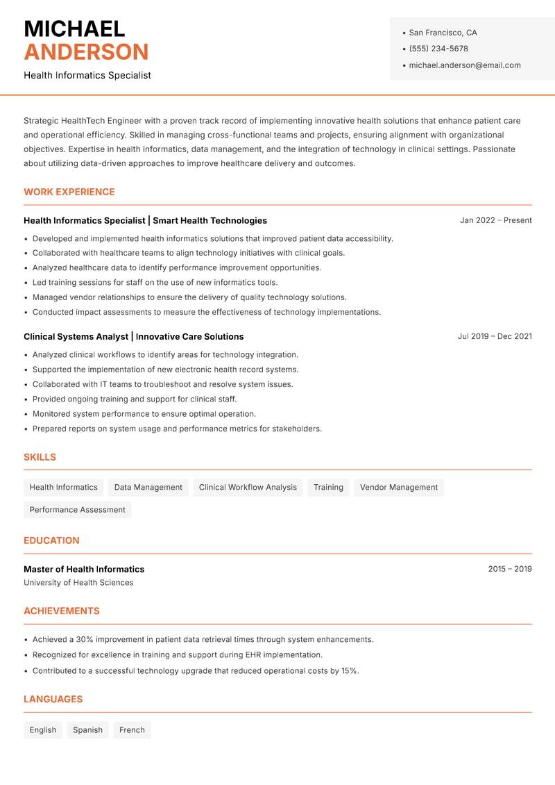 HealthTech Engineer resume template — Modern Professional