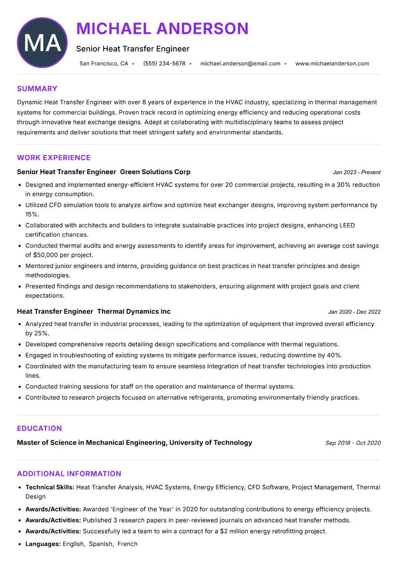 Heat Transfer Engineer resume example — ATS-friendly template