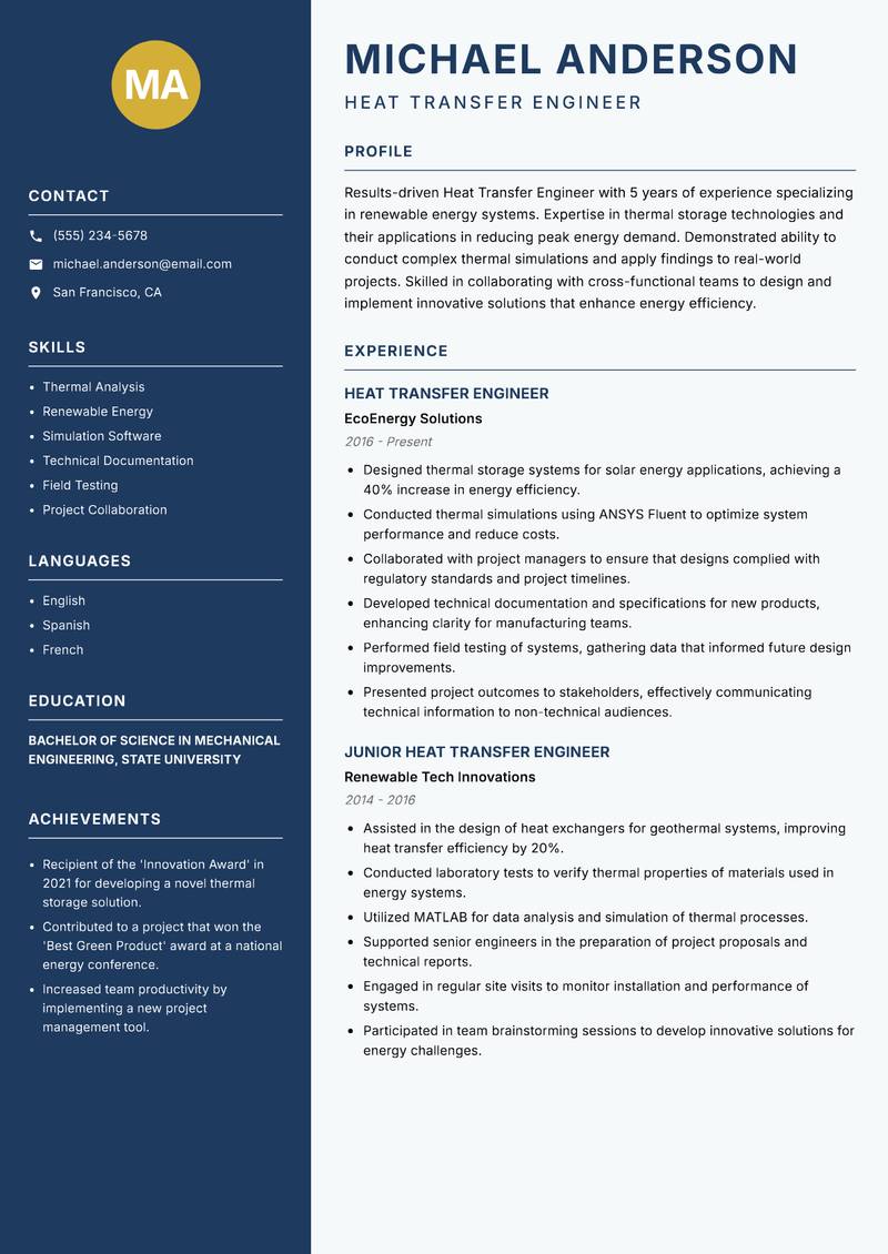 Heat Transfer Engineer resume template — Classic Clean