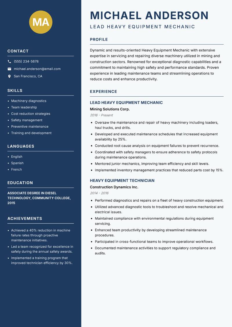 Heavy Equipment Mechanic resume template — Classic Clean