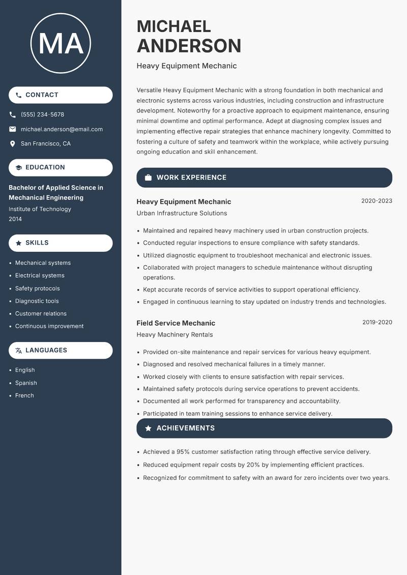 Heavy Equipment Mechanic resume template — Compact