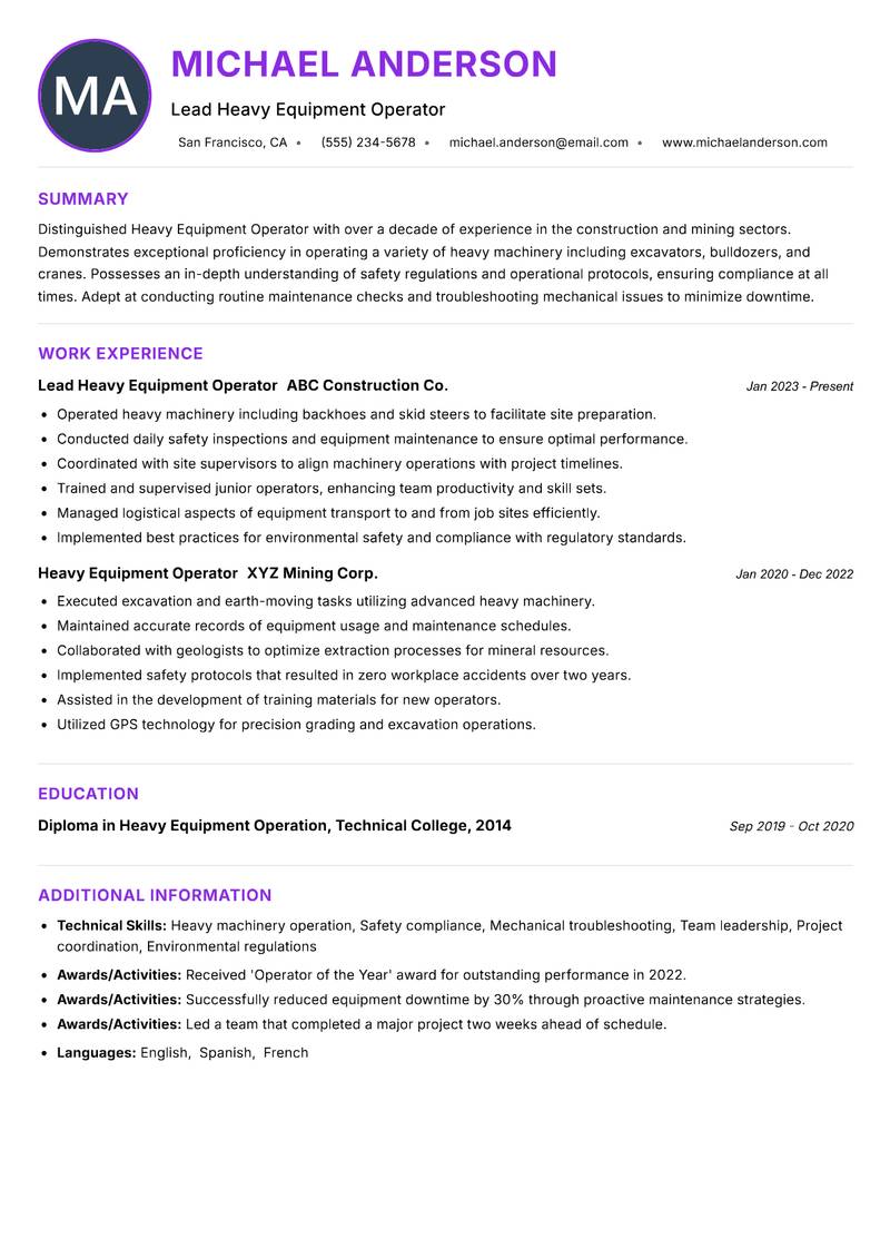 Heavy Equipment Operator resume example — ATS-friendly template
