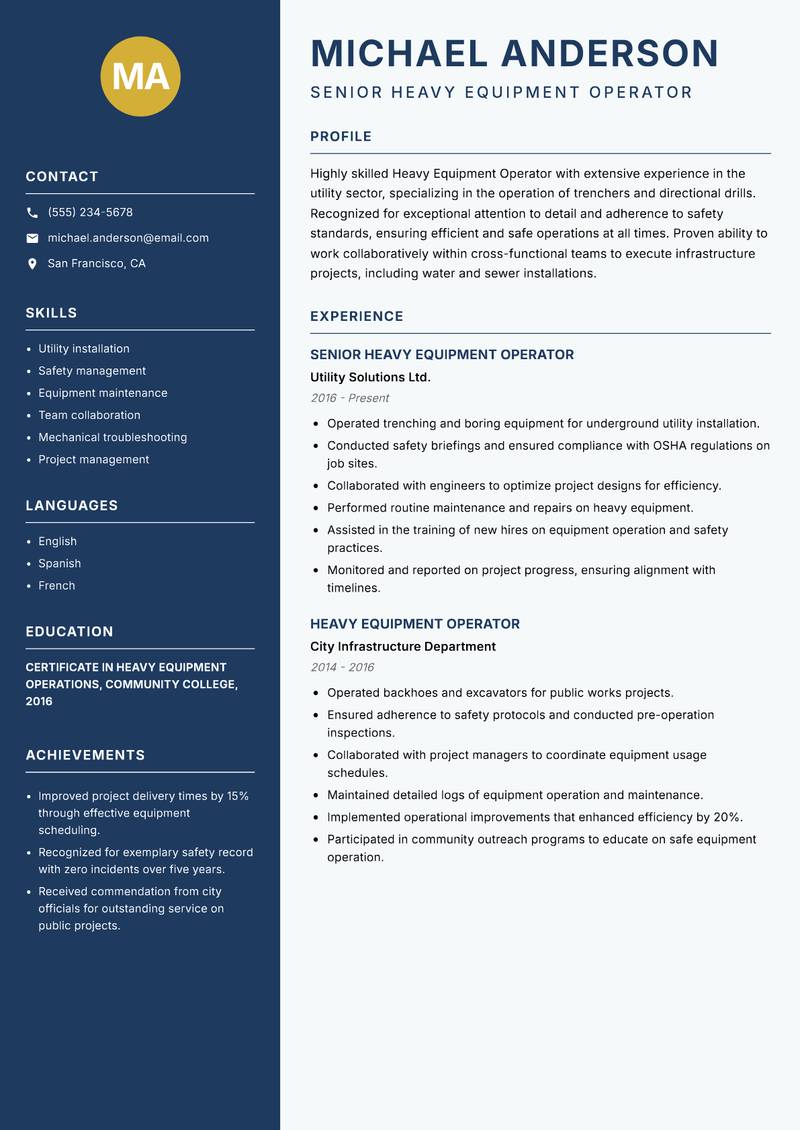 Heavy Equipment Operator resume template — Classic Clean