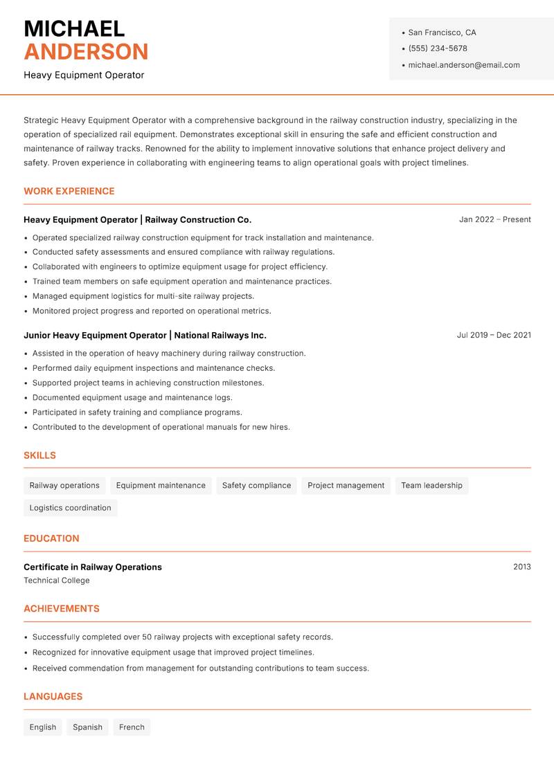 Heavy Equipment Operator resume template — Modern Professional