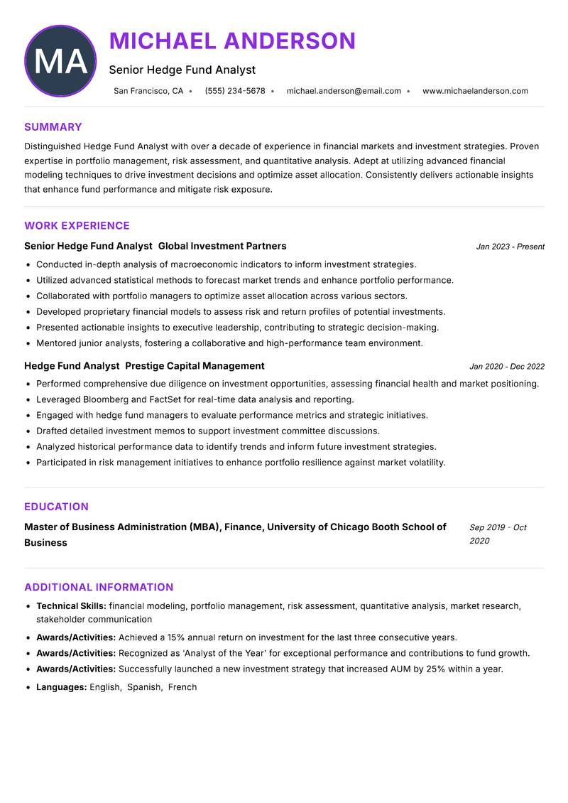 Hedge Fund Analyst resume example — ATS-friendly template