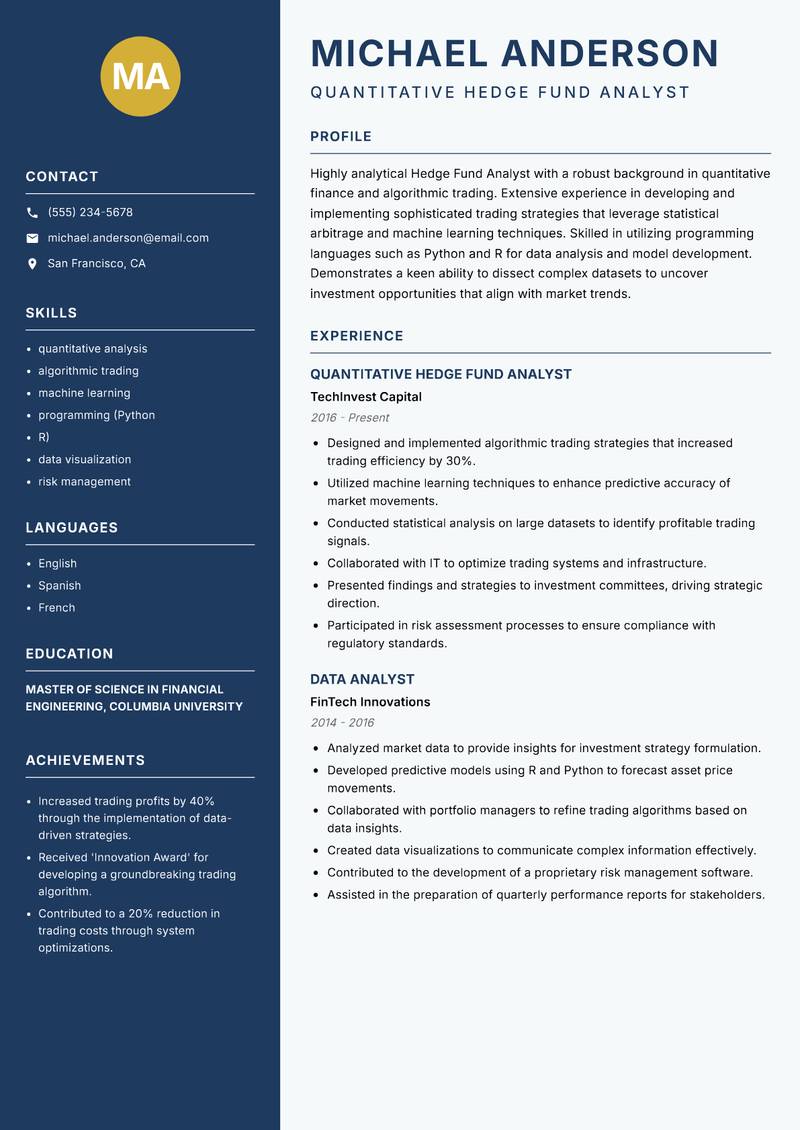 Hedge Fund Analyst resume template — Classic Clean