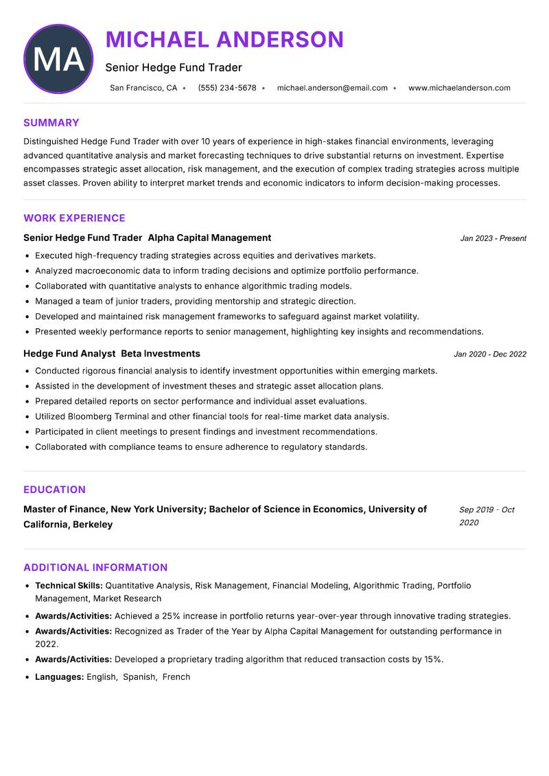 Hedge Fund Trader resume example — ATS-friendly template
