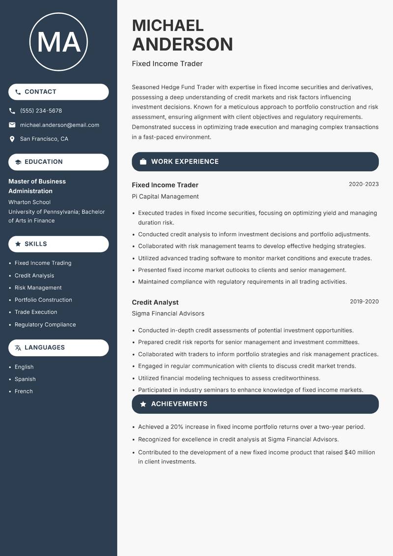 Hedge Fund Trader resume template — Compact