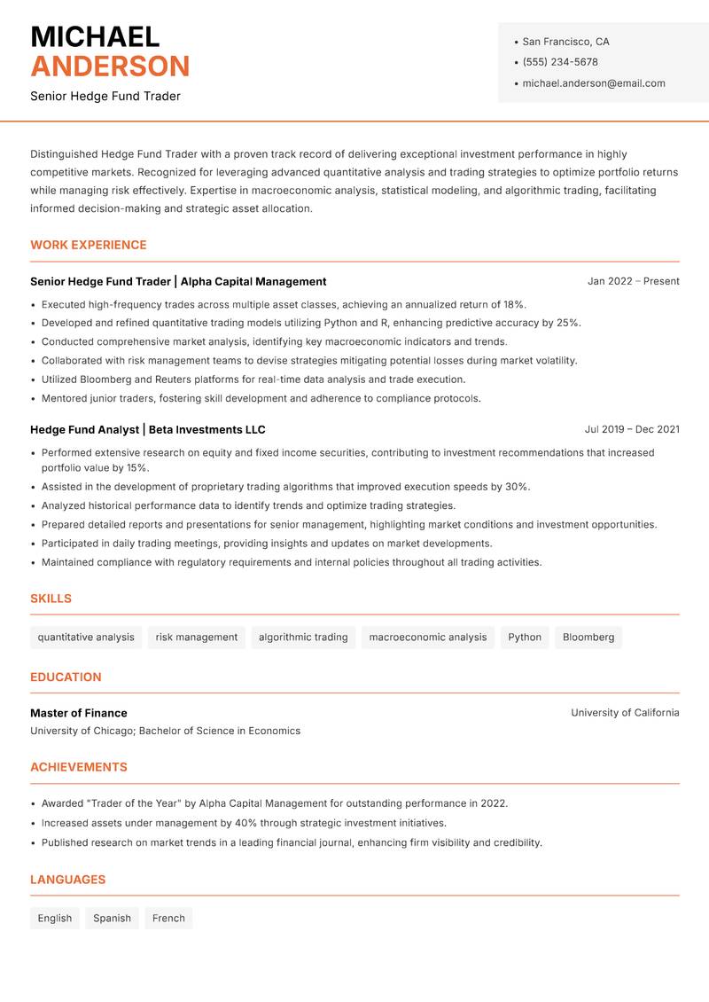 Hedge Fund Trader resume template — Modern Professional