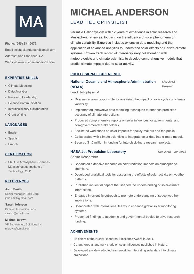 Heliophysicist resume template — Creative Minimal