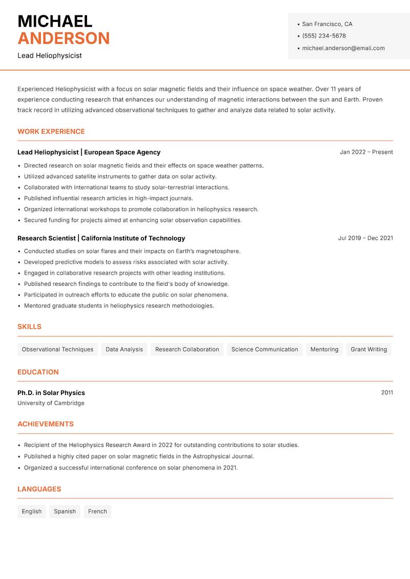 Heliophysicist resume template — Modern Professional