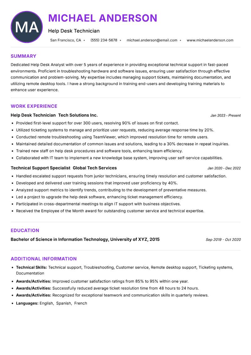 Help Desk Analyst resume example — ATS-friendly template