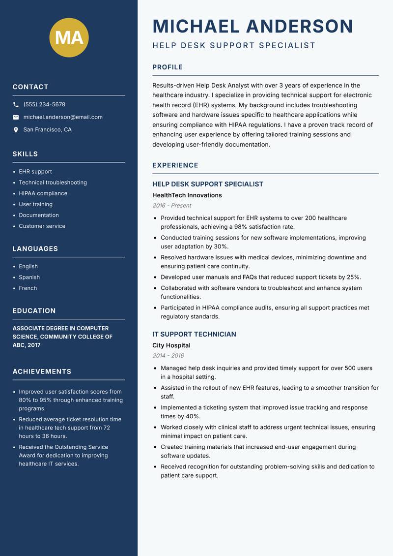 Help Desk Analyst resume template — Classic Clean