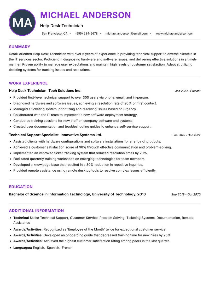 Help Desk Technician resume example — ATS-friendly template