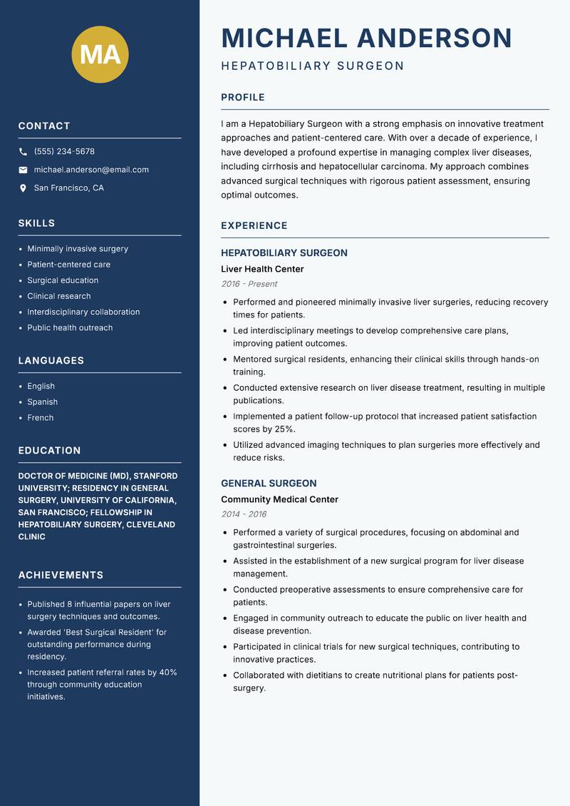 Hepatobiliary Surgeon resume template — Classic Clean