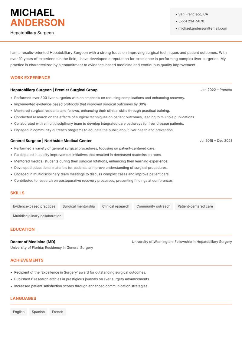 Hepatobiliary Surgeon resume template — Modern Professional