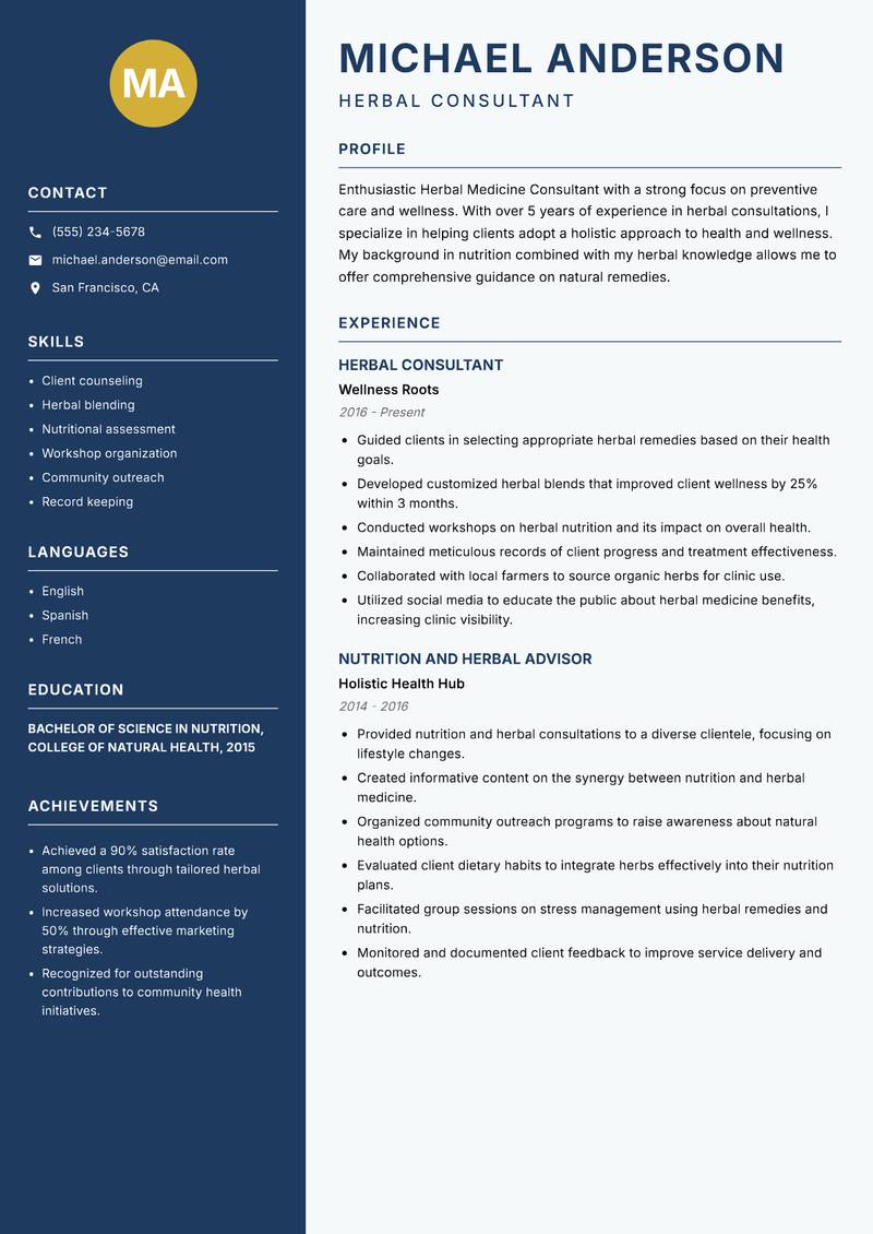 Herbal Medicine Consultant resume template — Classic Clean