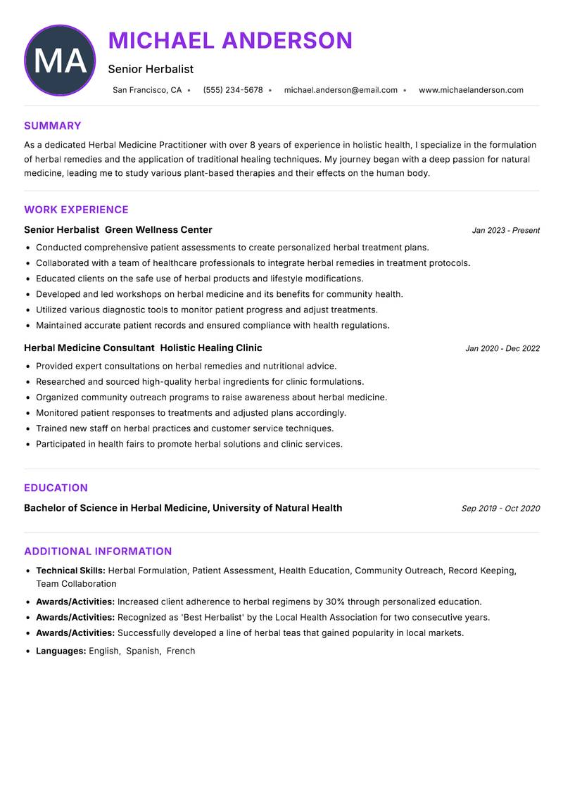 Herbal Medicine Practitioner resume example — ATS-friendly template