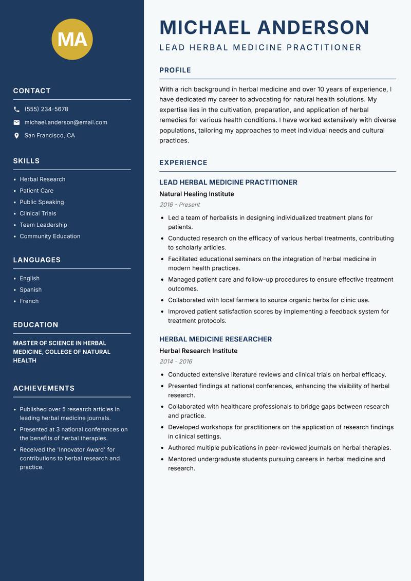 Herbal Medicine Practitioner resume template — Classic Clean