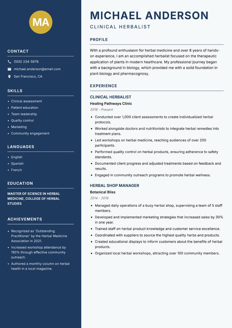 Herbalist resume template — Classic Clean