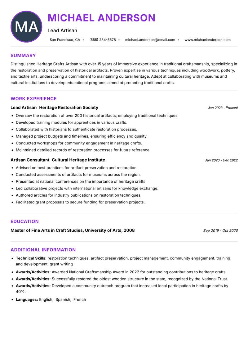 Heritage Crafts Artisan resume example — ATS-friendly template