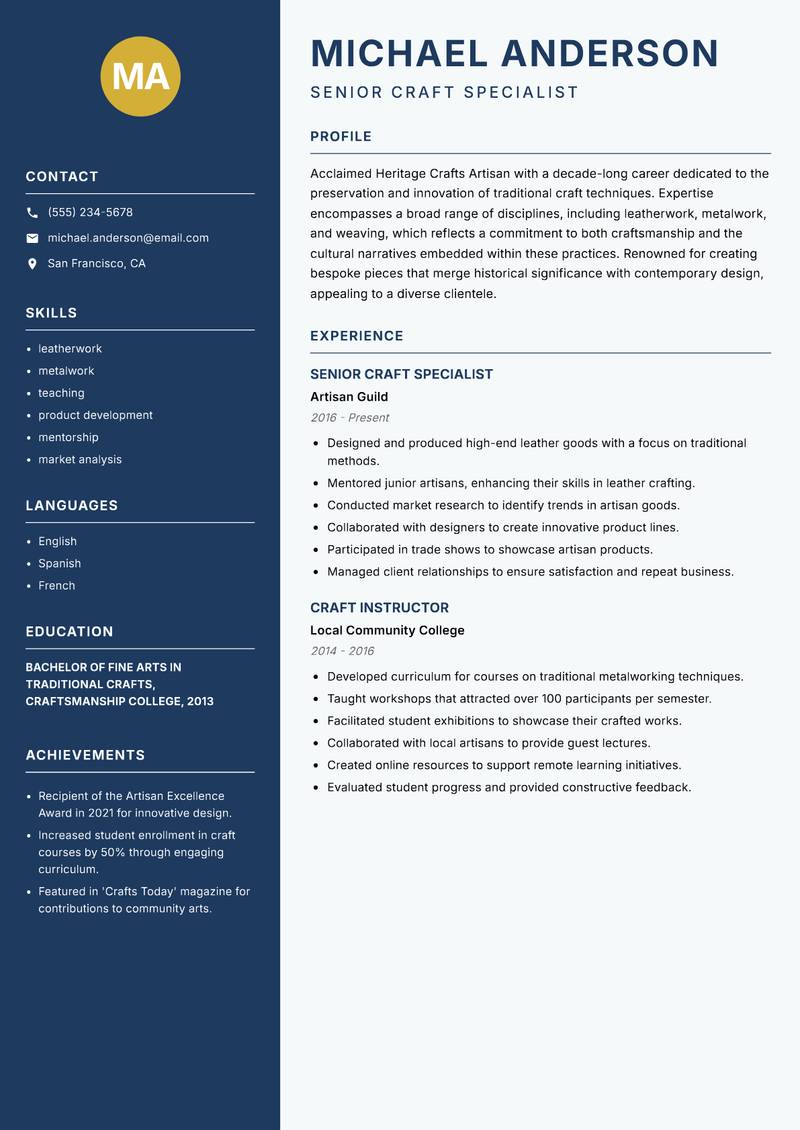Heritage Crafts Artisan resume template — Classic Clean