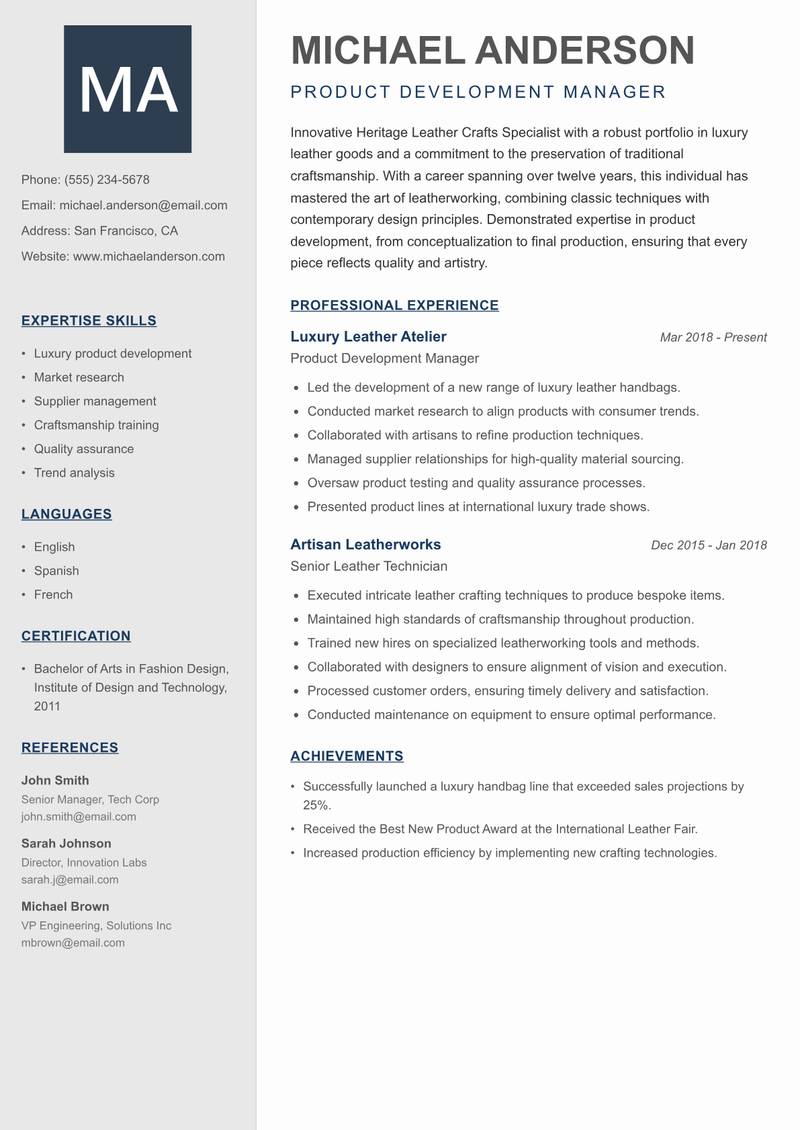 Heritage Leather Crafts Specialist resume template — Creative Minimal