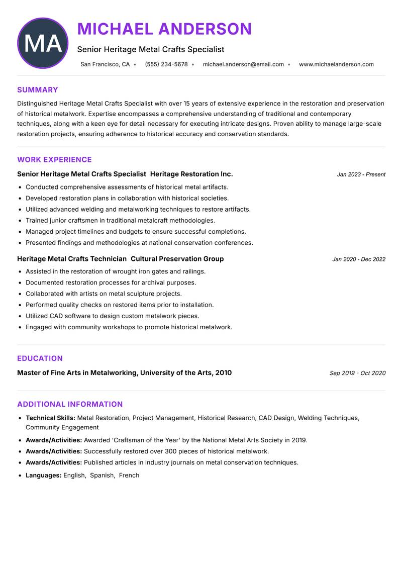 Heritage Metal Crafts Specialist resume example — ATS-friendly template