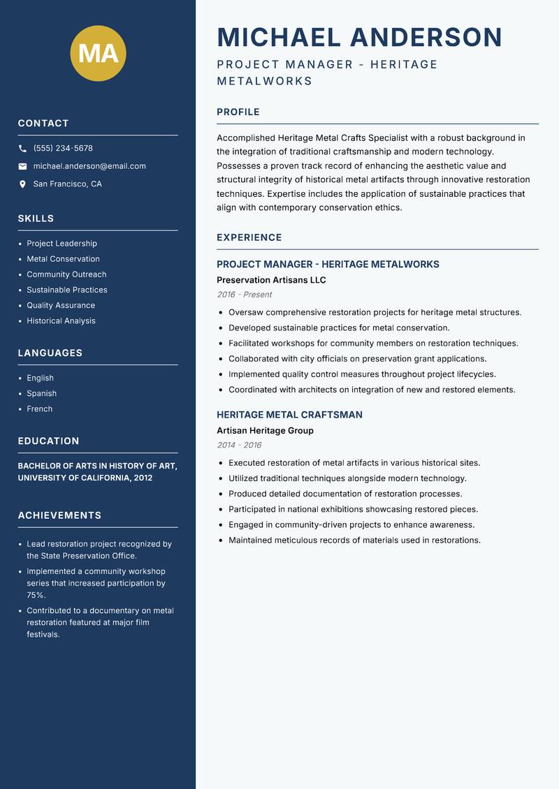 Heritage Metal Crafts Specialist resume template — Classic Clean