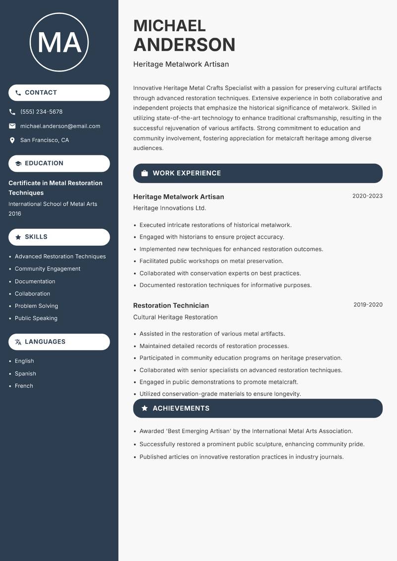 Heritage Metal Crafts Specialist resume template — Compact