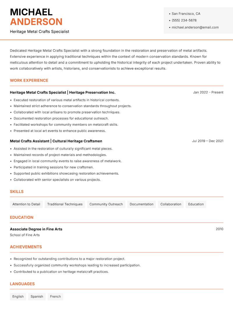 Heritage Metal Crafts Specialist resume template — Modern Professional