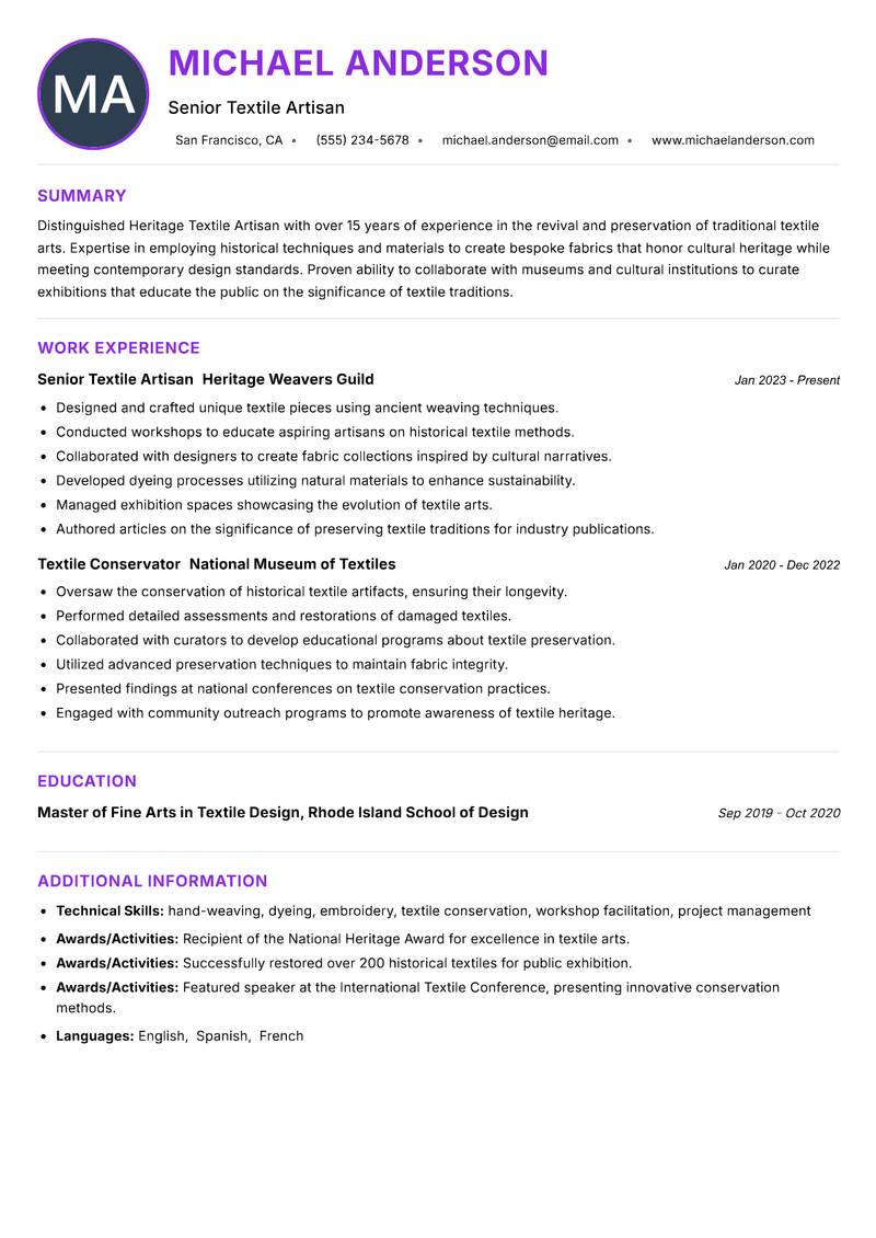Heritage Textile Artisan resume example — ATS-friendly template