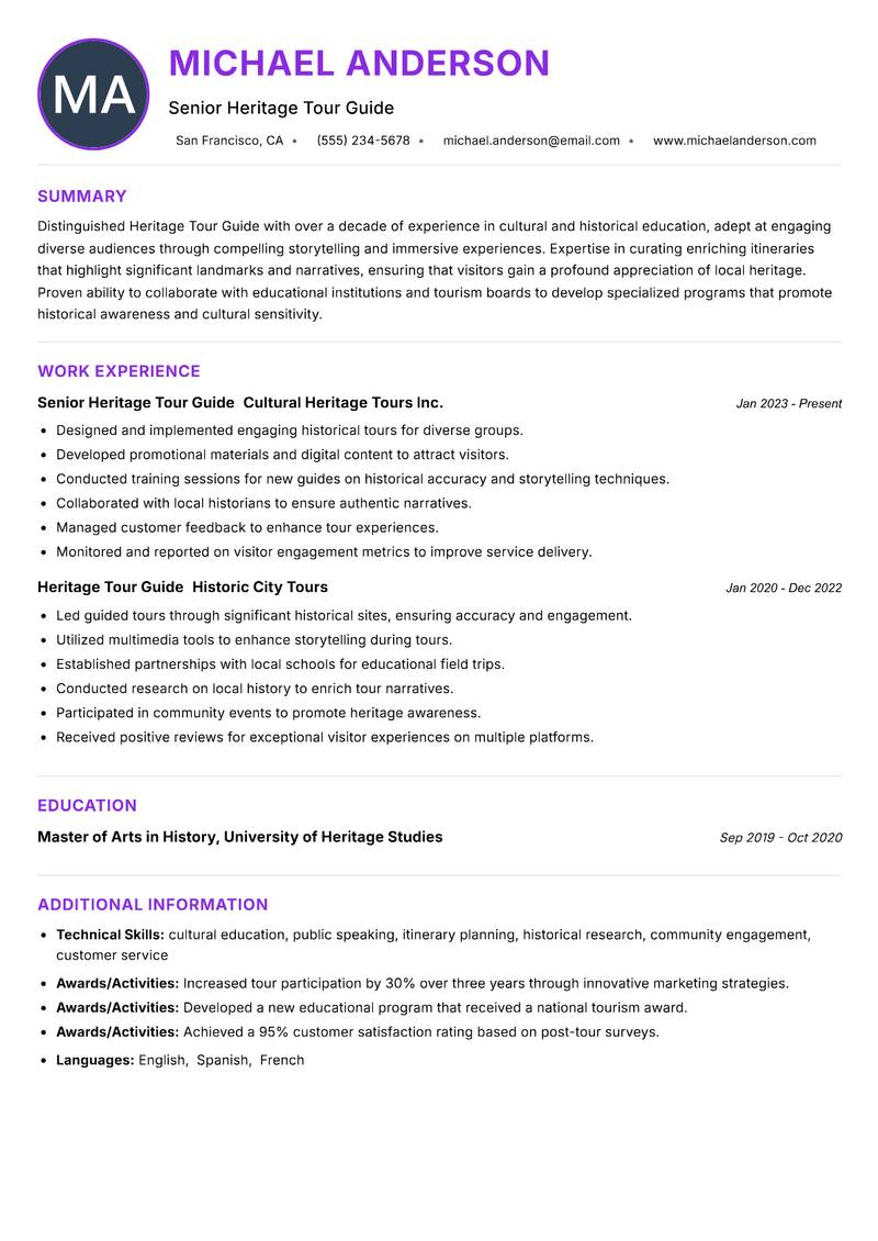 Heritage Tour Guide resume example — ATS-friendly template